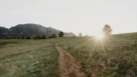 Schmaler Pfad führt über eine Wiese auf die tiefstehende Sonne zu, am Horizont ein Bergrücken