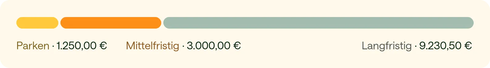 Farbige Leiste unter dem Gesamtvermögen mit den Anteilen der drei Bereiche: Parken 1.250,00 Euro, Mittelfristig 3.000,00 Euro, Langfristig 9.230,50 Euro