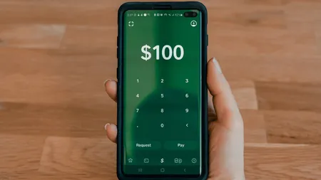 Smartphone in der Hand zeigt eine Zahlungs-App mit dem Betrag 100 US-Dollar und Zifferntastatur