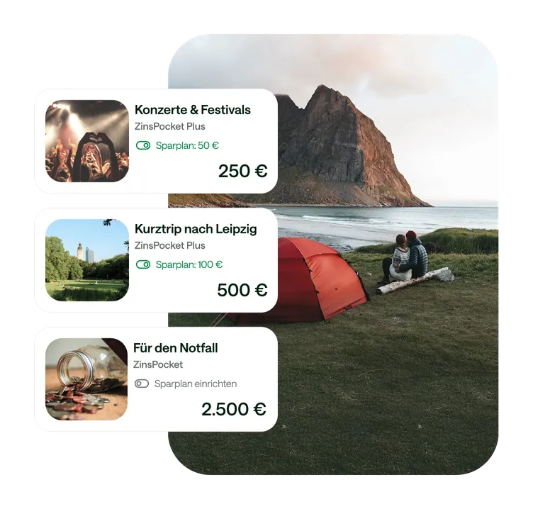 Zinsgrafik in der Evergreen App: Sparziele wie Leipzig, Notfall und Konzert wachsen mit Zinsen.